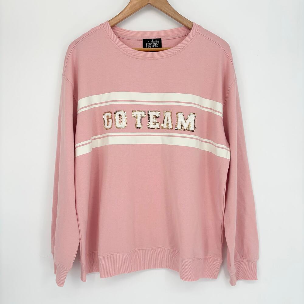 Feeling Festive Baby Pink Go Team Gold Sequin Pullover Sweater Size L